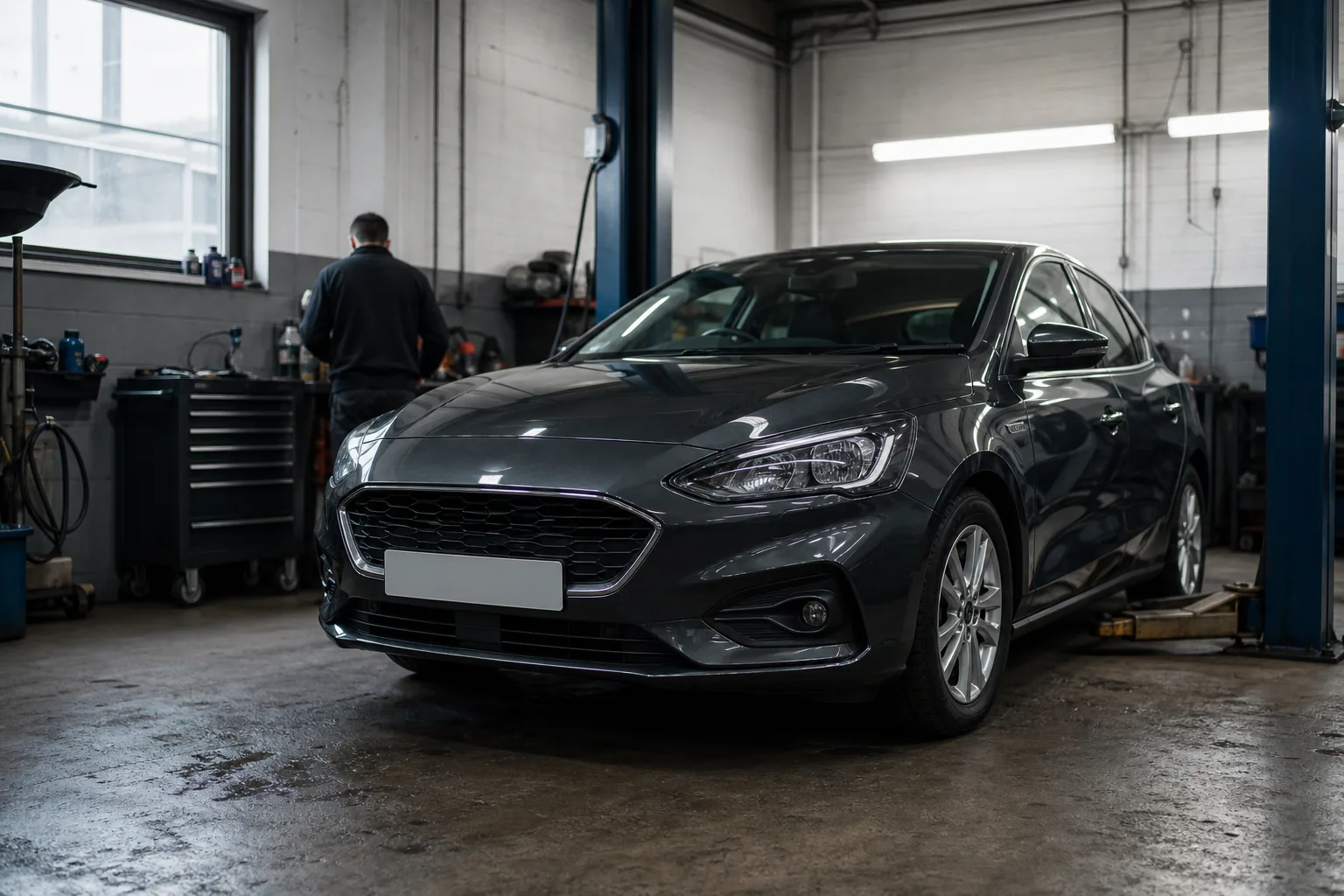 Modern car in a clean, generic automotive workshop