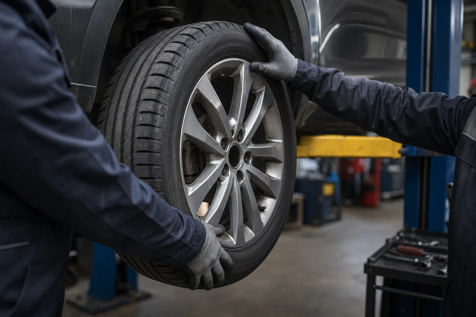 Technicians handling a wheel during tyre fitting in a generic workshop